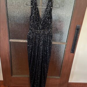 Badgley Mischka Putting On The Glitz Sequin Gown Black Maxi Dress size 10.